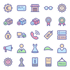 Filled color outline icons for shopping and ecommerce.