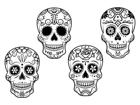 Set of sugar skull. Collection of  face sugar skull  for Day of dead. Symbol of the Mexican holiday. Vector illustration of  head with ethnic decor. Tattoo.