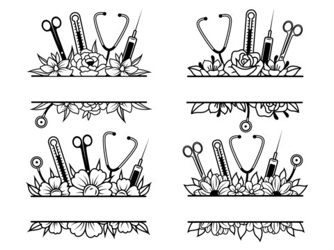 Set of nursing monogram frame. Collection of flower medical split border. Doctor tools. Vector illustration on white background.