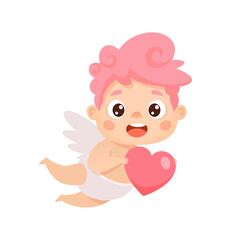 Obraz na płótnie Canvas Cute flying cupid with heart. Vector cartoon character for Valentine's day