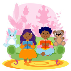 girl black boy read book toys armchair sofa kid reading books child children princess