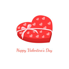 Red box in the shape of a heart with a pink bow for sweets. Vector illustration of gift wrapping for postcards, textiles, decor, poster, banner. Greeting card for Valentine's Day and other holidays.
