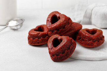 Valentines day cupcakes, muffins, red velvet cakes. Valentines idea and holiday bakery products. Heart and love