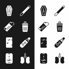Set Trash can, Lighter, Death from smoking, Cigarette, No area, Electronic cigarette, Lungs and icon. Vector