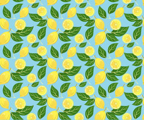 bright seamless pattern with yellow lemon and leaves, vector illustration