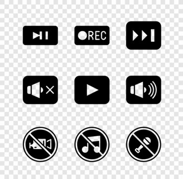 Set Pause button, Record, Fast forward, Prohibition no video recording, Speaker mute, Mute microphone, and Play icon. Vector