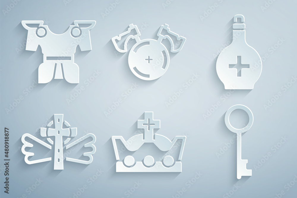 Poster set king crown, bottle with potion, christian cross, old key, medieval shield axe and body armor ico