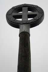 Head of Irminsul monument at an old Saxonian sanctuary, symbolising axis mundi, Irmenseul, Lamspringe, Lower Saxony, Germany