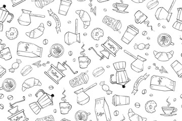 Seamless pattern of coffee stuff in doodle style, monochrome vector illustration