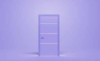 Closed purple door with light going through it, isolated on lavender background, front view. Realistic illustration modern interior wooden door in empty room, entrance doorway concept, 3d render