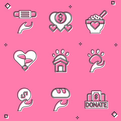 Set Medical protective mask, Donation and charity, food, Leaf in heart, Animal shelter house, volunteer, and icon. Vector