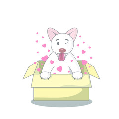 Cute white cartoon dog in a yellow box, pink hearts, flat vector, isolate on white background
