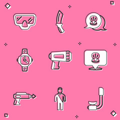 Set Diving mask, knife, Scallop sea shell, watch, Flashlight for diver, Fishing harpoon and Wetsuit scuba diving icon. Vector