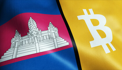 3D Waving Cambodia and Bitcoin Flag