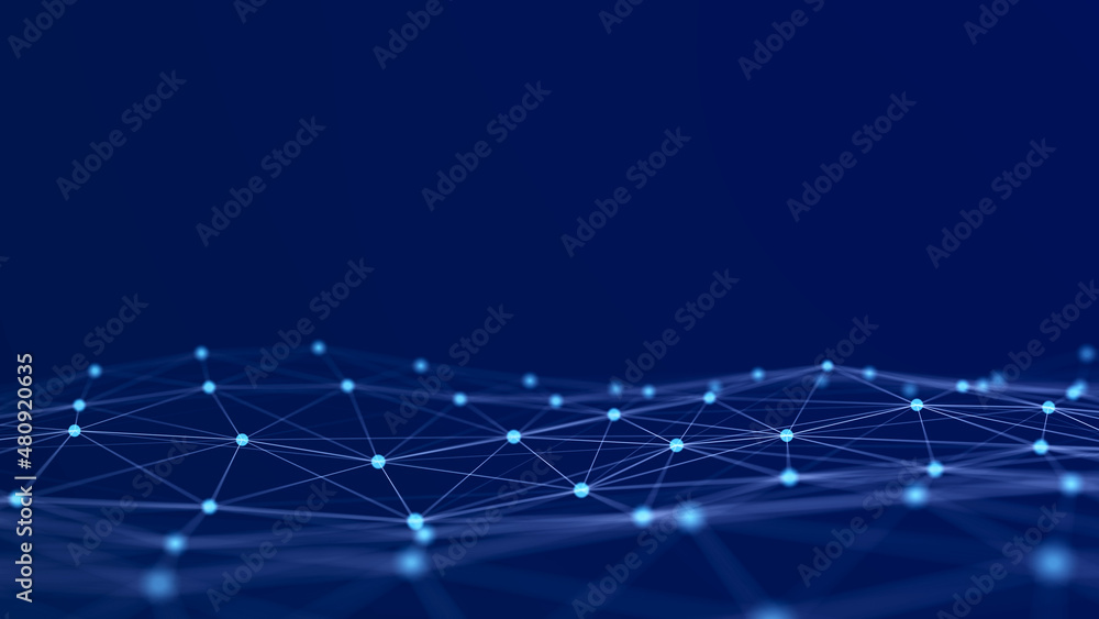 Poster futuristic blue wave with intertwined lines and dots. lots of data. musical flow of sounds. 3d rende