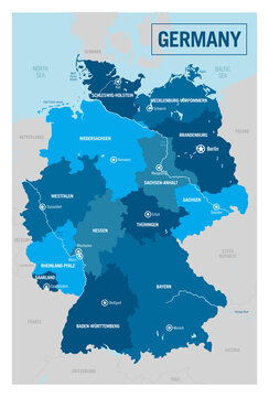 Germany country political map. Detailed vector illustration with isolated provinces, departments, regions, counties, cities, islands and states easy to ungroup.