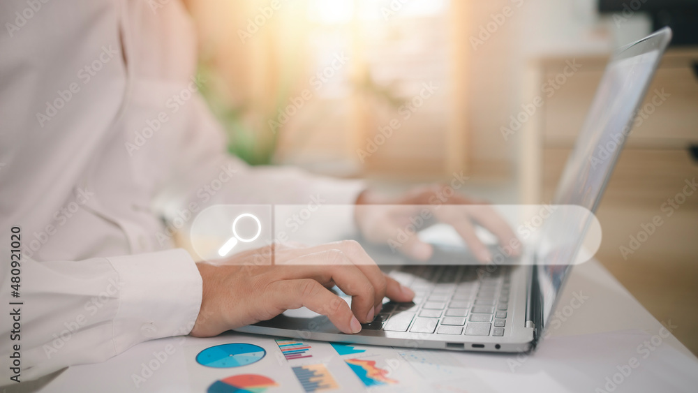 Poster searching browsing internet data information networking concept, human hand use laptop to search the