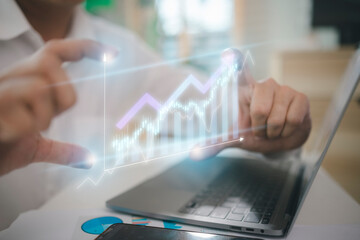 The concept of big data analytics and business intelligence. On a virtual screen, there are...