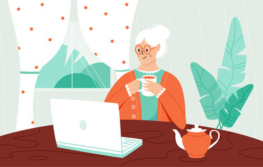 Elderly woman sitting at laptop flat illustration. Pensioner using technology banner design. Modern lifestyle and senior character background.