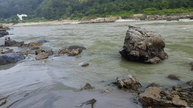 Morning view at GOA beach located in Rishikesh Uttarakhand near Laxman Jhula, Clean view of Ganga river at Rishikesh during early morning time, World famous GANGA river full view