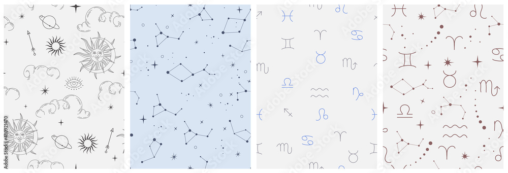 Sticker vector seamless pattern with celestial mystic esoteric magic elements sun moon and clouds different 
