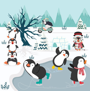 Happy Penguins ice skates on the lake © focus_bell