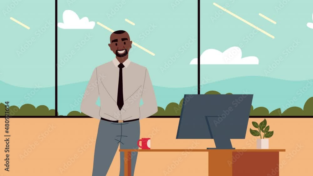 Poster afro businessman in worksite animation