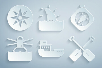 Set Cargo ship, Compass, Lighthouse, Paddle, Shark fin in ocean wave and Wind rose icon. Vector