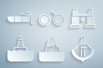 Fototapeta na wymiar Set Iceberg, Binoculars, Floating buoy, Anchor, and Inflatable boat with motor icon. Vector