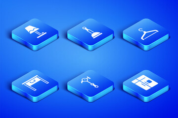 Set Refrigerator, Table lamp, Hammer, Furniture nightstand, Rubber plunger and Hanger wardrobe icon. Vector
