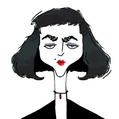 hand drawn caricature portrait of young stylish serious woman isolated on white