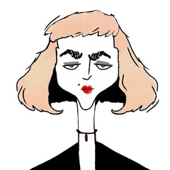 hand drawn caricature portrait of young stylish serious woman isolated on white