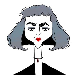 hand drawn caricature portrait of young stylish serious woman isolated on white