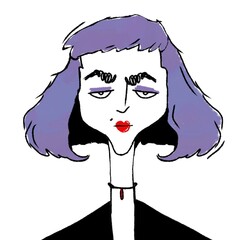 hand drawn caricature portrait of young stylish serious woman isolated on white