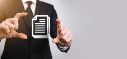 Businessman man holding a document icon in his hand Document Management Data System Business Internet Technology Concept. Corporate data management system DMS