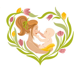 Smiling mother holding her baby in her arms. Greeting card. Mothers Day. Motherhood. Love. Vector.