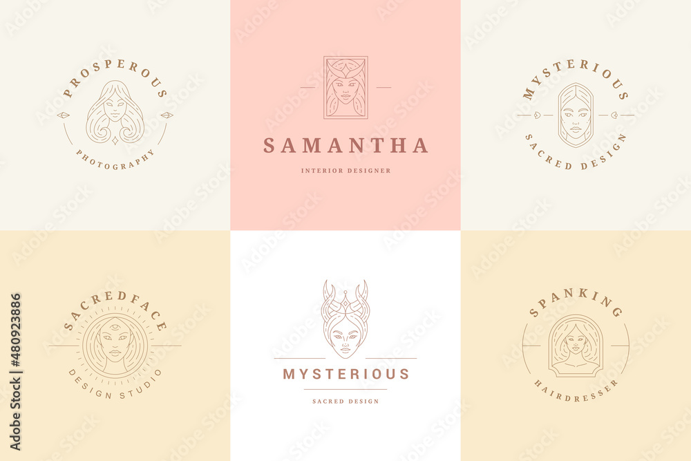 Wall mural feminine logos emblems design templates set with magic female portraits vector illustrations minimal