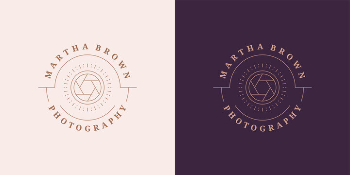 Photo camera lens logo emblem design template vector illustration in minimal line art style