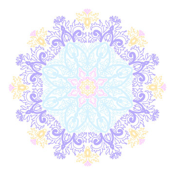 Colorful mandala decor, pastel violet, blue and yellow lace background

