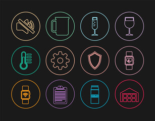 Set line Warehouse, Smart watch heart beat rate, Glass of champagne, Cogwheel gear settings, Thermometer, Speaker mute, Shield and Coffee cup icon. Vector