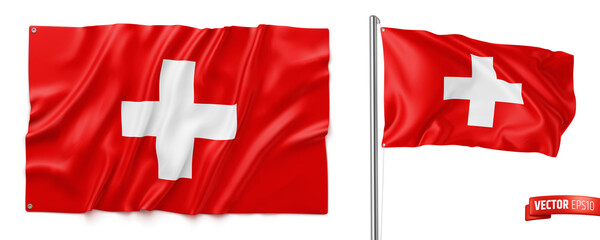 Vector realistic illustration of Swiss flags on a white background.