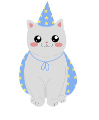 a cute white cat with big black eyes with a blue cap of a magician and a magic mantle sits on a white background