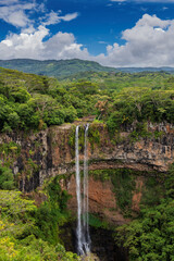 Chamarel Waterfall in the jungle in tropical island of Mauritius.