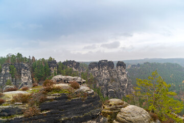 Fototapeta na wymiar Autumn landscape overlooking forest and rocks. Czech Saxony. Cloudy day. National park.