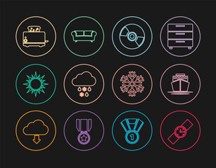 Set line Wrist watch, Ship, CD or DVD disk, Cloud with snow and rain, Sun, Toaster toasts, Snowflake and Sofa icon. Vector