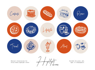Set of hand drawn line art food and beverages illustrations for social media highlight cover