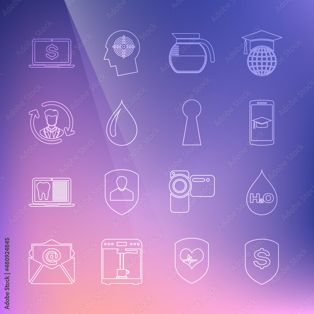 Canvas Prints Set line Shield and dollar, Water drop with H2O, Graduation cap on mobile, Coffee pot, Human resources, Laptop and Keyhole icon. Vector