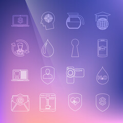 Set line Shield and dollar, Water drop with H2O, Graduation cap on mobile, Coffee pot, Human resources, Laptop and Keyhole icon. Vector