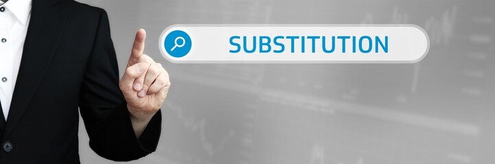 Substitution. Mann zeigt mit Finger auf Suchfeld im Internet-Browser. Wort/Text (blau) in der Suche.