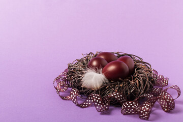 Branch nest with red colored eggs, brown polka dot ribbon, white bird feather on a pink background. Easter composition. Place for an inscription. Close-up.